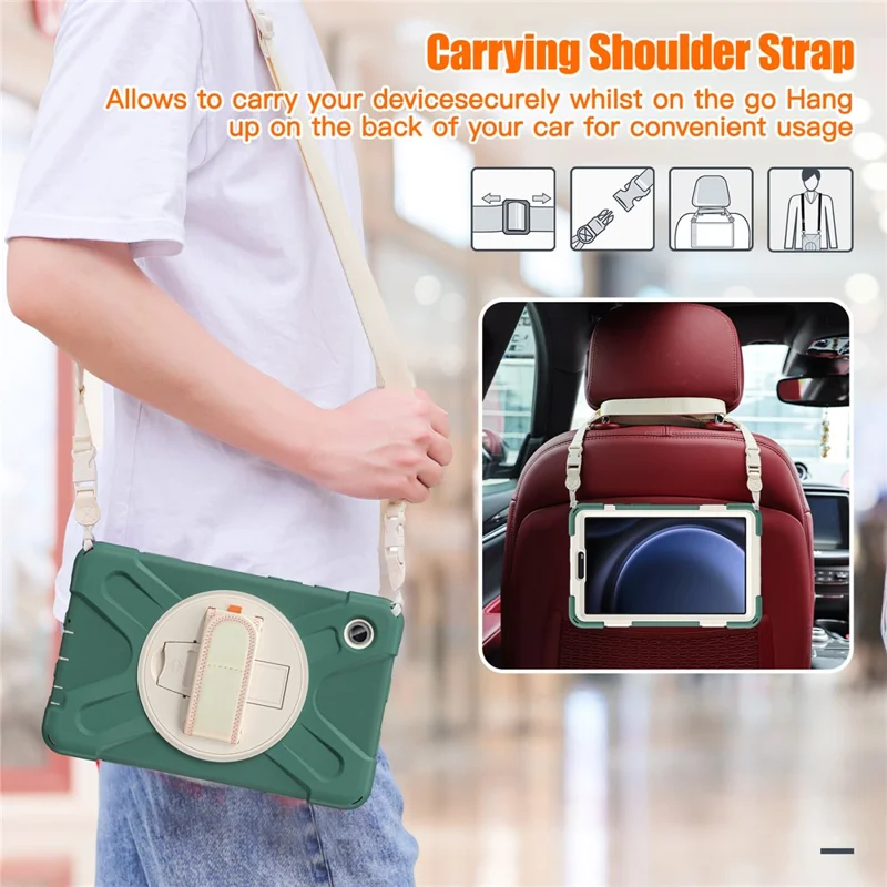 Für Samsung Galaxy Tab A9 Tablet Hülle Ständer PC+Silikon Cover mit Handband / Schultergurt - Smaragdgrün