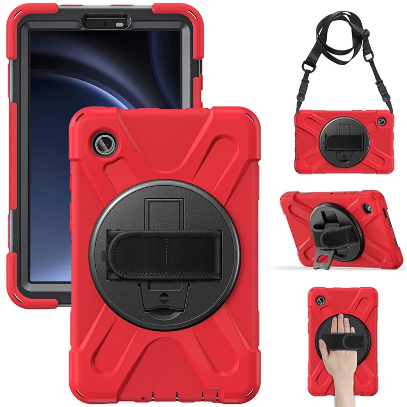 For Samsung Galaxy Tab A9 Tablet Case Kickstand PC+Silicone Cover with Hand Band / Shoulder Strap - Red