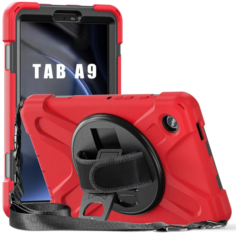 For Samsung Galaxy Tab A9 Tablet Case Kickstand PC+Silicone Cover with Hand Band / Shoulder Strap - Red