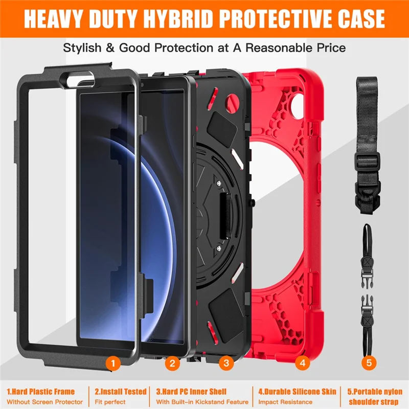 For Samsung Galaxy Tab A9 Tablet Case Kickstand PC+Silicone Cover with Hand Band / Shoulder Strap - Red