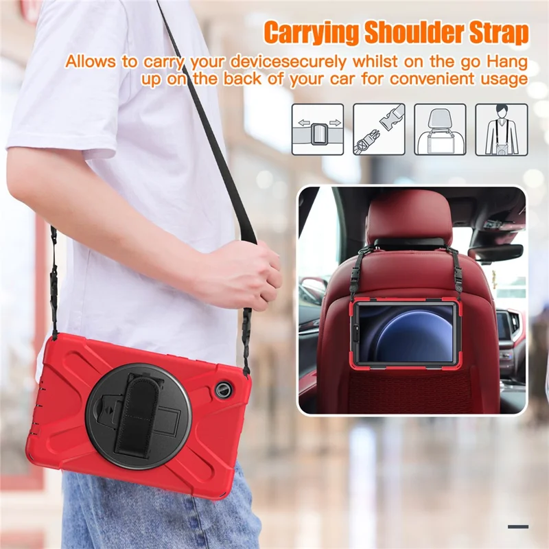 For Samsung Galaxy Tab A9 Tablet Case Kickstand PC+Silicone Cover with Hand Band / Shoulder Strap - Red