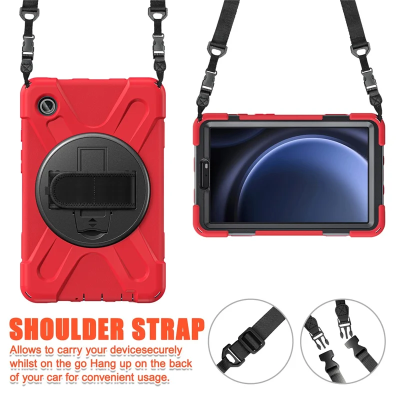 For Samsung Galaxy Tab A9 Tablet Case Kickstand PC+Silicone Cover with Hand Band / Shoulder Strap - Red