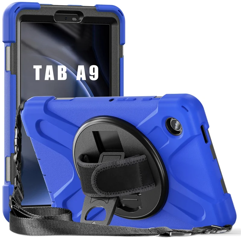 For Samsung Galaxy Tab A9 Tablet Case Kickstand PC+Silicone Cover with Hand Band / Shoulder Strap - Blue