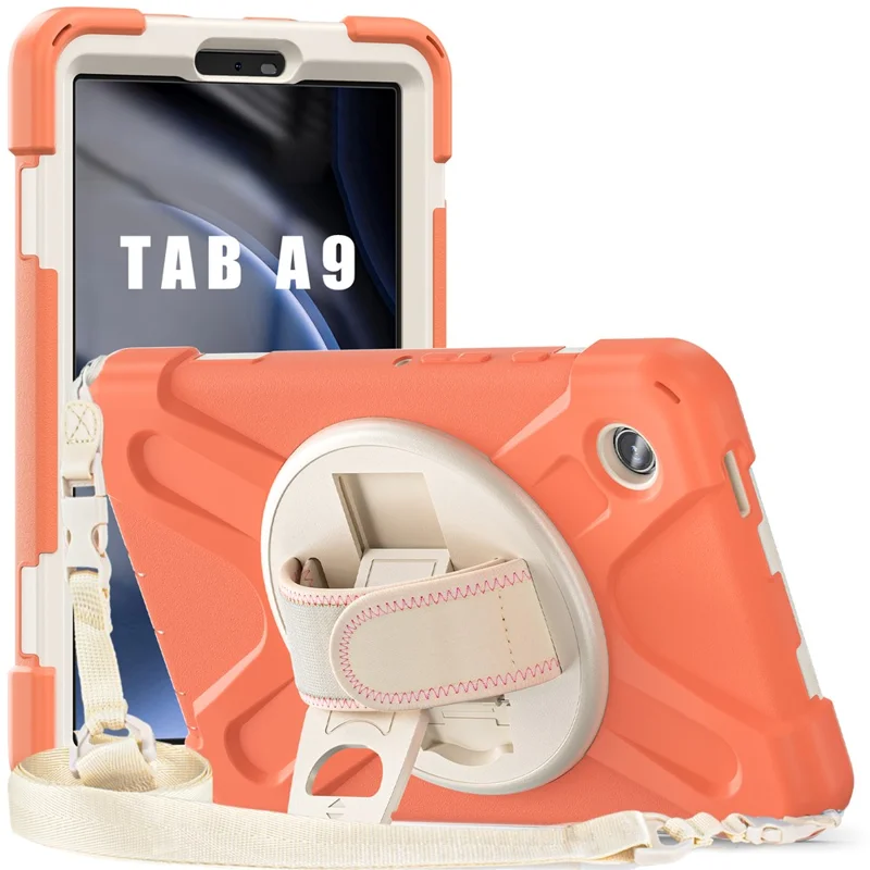 Fodral för Samsung Galaxy Tab A9 med ställfot, PC+silikon, med handlina / axellina - Orange