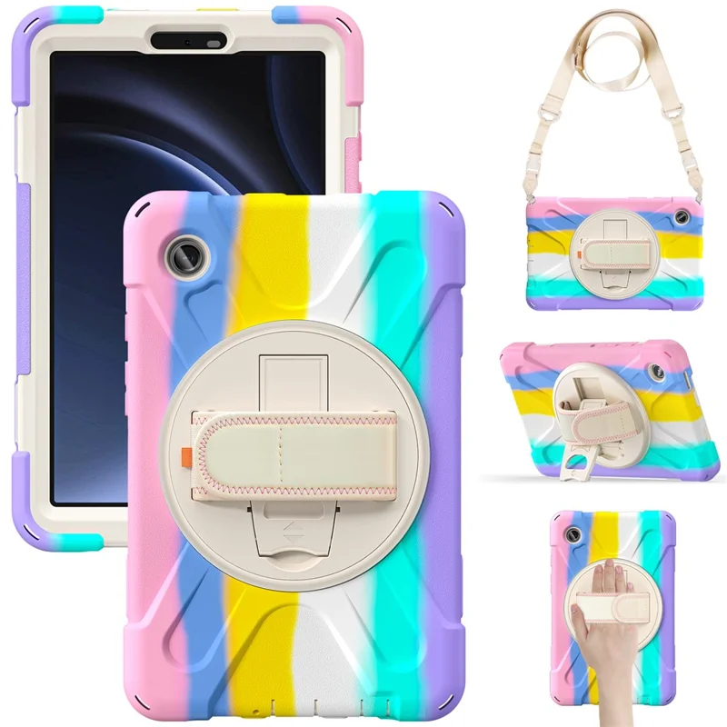For Samsung Galaxy Tab A9 Tablet Case Kickstand PC+Silicone Cover with Hand Band / Shoulder Strap - Colorful Pink