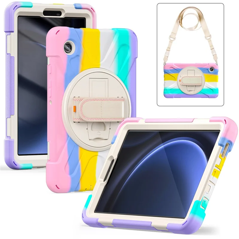 For Samsung Galaxy Tab A9 Tablet Case Kickstand PC+Silicone Cover with Hand Band / Shoulder Strap - Colorful Pink