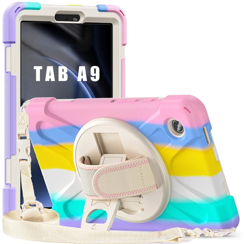 For Samsung Galaxy Tab A9 Tablet Case Kickstand PC+Silicone Cover with Hand Band / Shoulder Strap - Colorful Pink