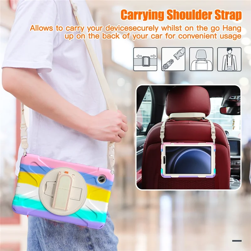 For Samsung Galaxy Tab A9 Tablet Case Kickstand PC+Silicone Cover with Hand Band / Shoulder Strap - Colorful Pink