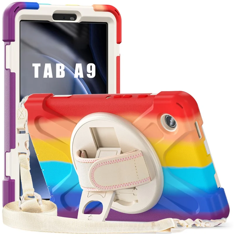 For Samsung Galaxy Tab A9 Tablet Case Kickstand PC+Silicone Cover with Hand Band / Shoulder Strap - Colorful Red