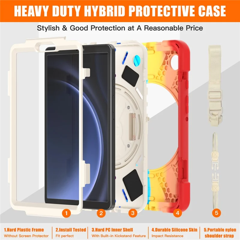 For Samsung Galaxy Tab A9 Tablet Case Kickstand PC+Silicone Cover with Hand Band / Shoulder Strap - Colorful Red