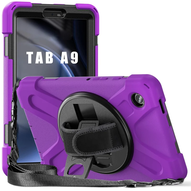 For Samsung Galaxy Tab A9 Tablet Case Kickstand PC+Silicone Cover with Hand Band / Shoulder Strap - Purple