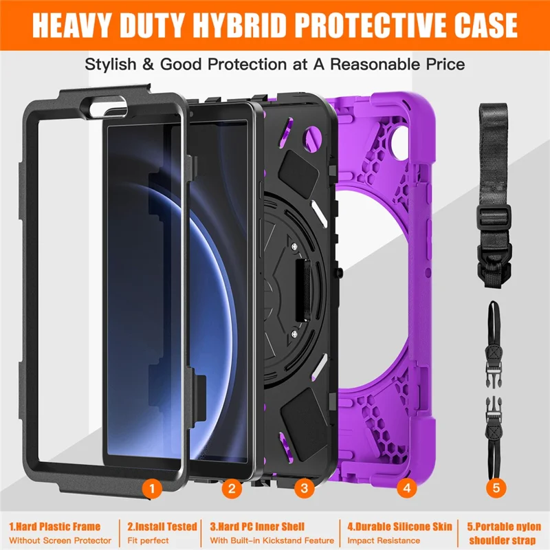 For Samsung Galaxy Tab A9 Tablet Case Kickstand PC+Silicone Cover with Hand Band / Shoulder Strap - Purple