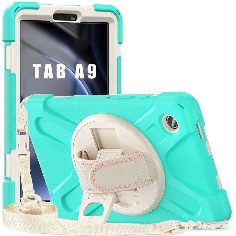 Pour Samsung Galaxy Tab A9 Tablet Case Kickstand PC+Silicone Cover avec Sangle à Main / Sangle d'Épaule - Vert Menthe