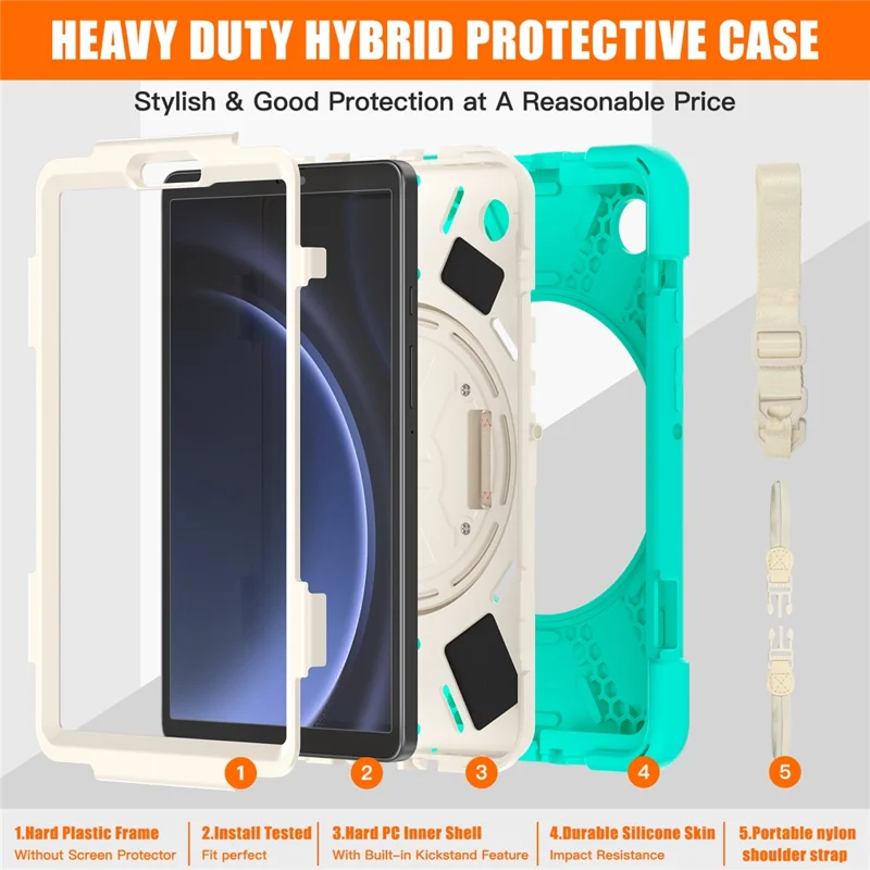 Pour Samsung Galaxy Tab A9 Tablet Case Kickstand PC+Silicone Cover avec Sangle à Main / Sangle d'Épaule - Vert Menthe