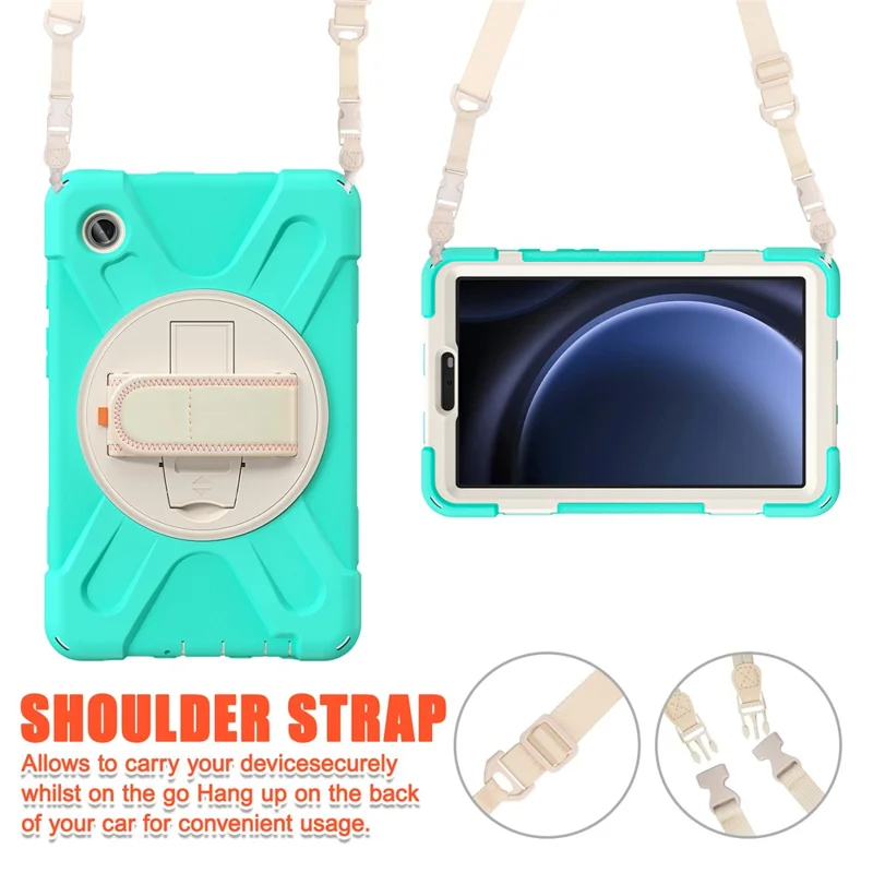 Pour Samsung Galaxy Tab A9 Tablet Case Kickstand PC+Silicone Cover avec Sangle à Main / Sangle d'Épaule - Vert Menthe