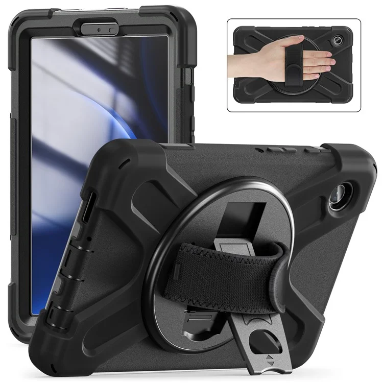 Pour Étui Samsung Galaxy Tab A9 Rotative Béquille PC+Silicone Sangle Poignée Housse Tablette - Noir