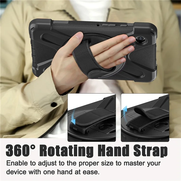 Pour Étui Samsung Galaxy Tab A9 Rotative Béquille PC+Silicone Sangle Poignée Housse Tablette - Noir