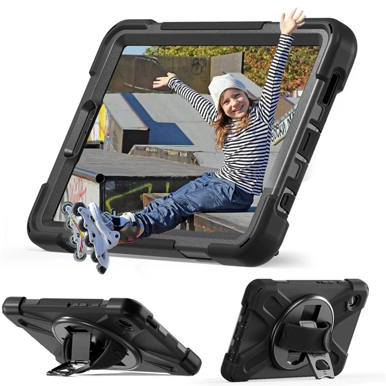 Pour Étui Samsung Galaxy Tab A9 Rotative Béquille PC+Silicone Sangle Poignée Housse Tablette - Noir