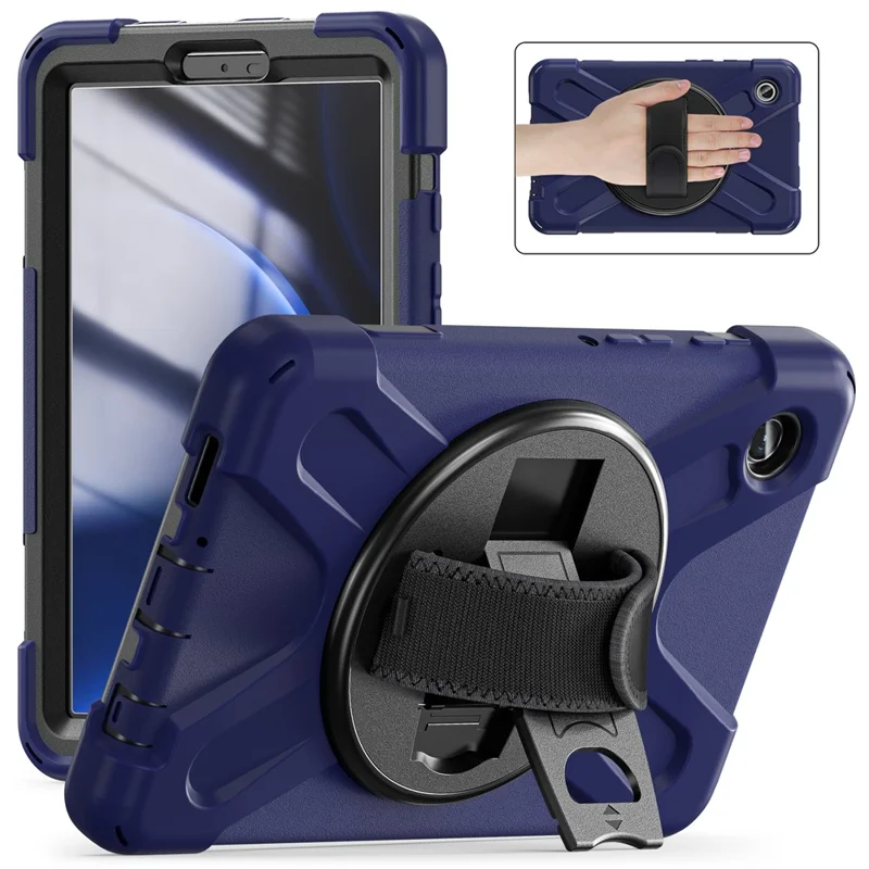 For Samsung Galaxy Tab A9 Case Rotary Kickstand PC+Silicone Hand Strap Tablet Cover - Navy Blue