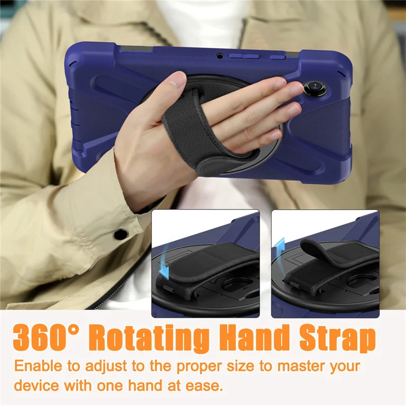 For Samsung Galaxy Tab A9 Case Rotary Kickstand PC+Silicone Hand Strap Tablet Cover - Navy Blue