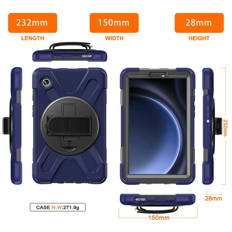 For Samsung Galaxy Tab A9 Case Rotary Kickstand PC+Silicone Hand Strap Tablet Cover - Navy Blue