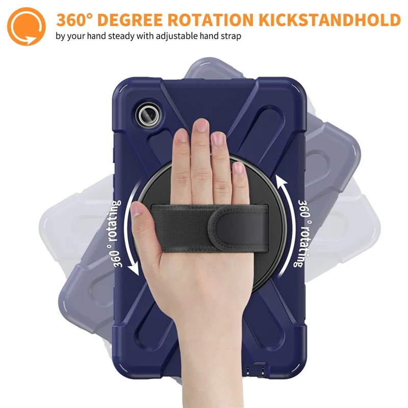 For Samsung Galaxy Tab A9 Case Rotary Kickstand PC+Silicone Hand Strap Tablet Cover - Navy Blue