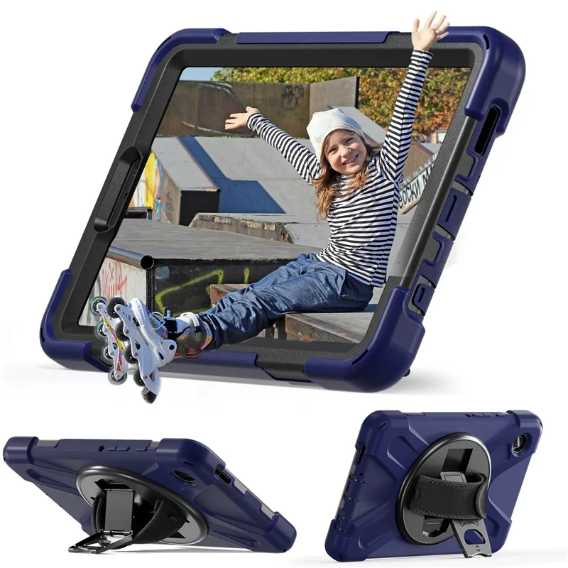 For Samsung Galaxy Tab A9 Case Rotary Kickstand PC+Silicone Hand Strap Tablet Cover - Navy Blue