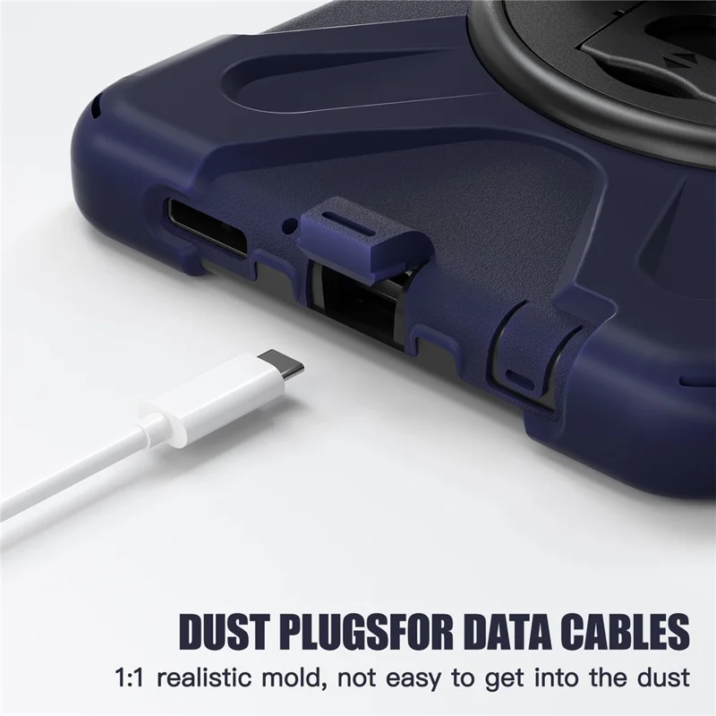 For Samsung Galaxy Tab A9 Case Rotary Kickstand PC+Silicone Hand Strap Tablet Cover - Navy Blue