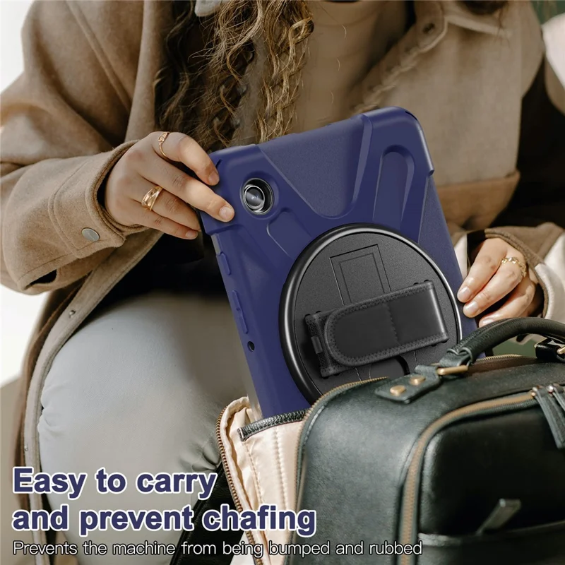 For Samsung Galaxy Tab A9 Case Rotary Kickstand PC+Silicone Hand Strap Tablet Cover - Navy Blue