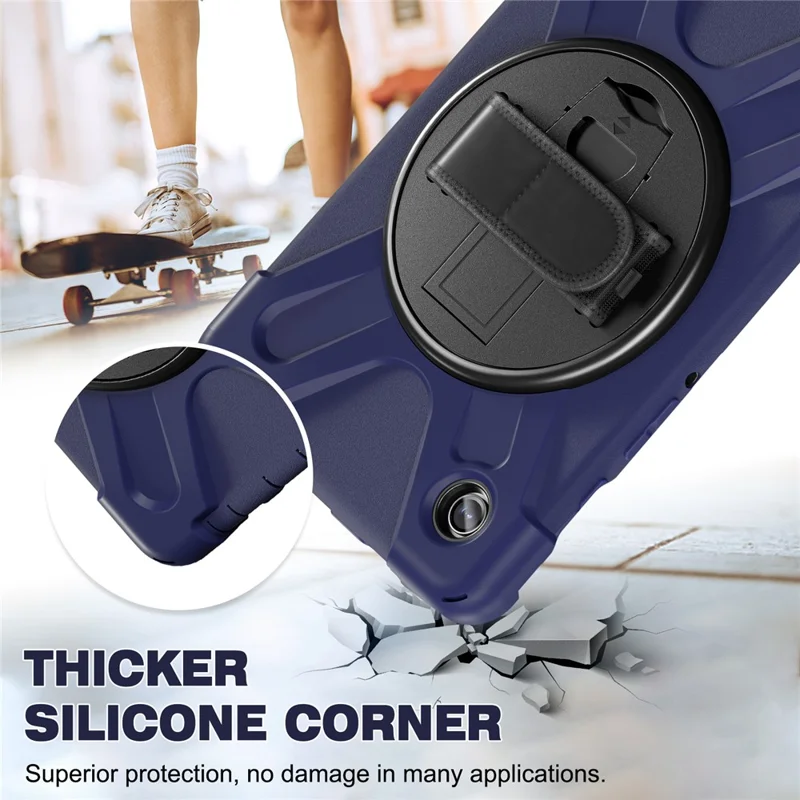 For Samsung Galaxy Tab A9 Case Rotary Kickstand PC+Silicone Hand Strap Tablet Cover - Navy Blue