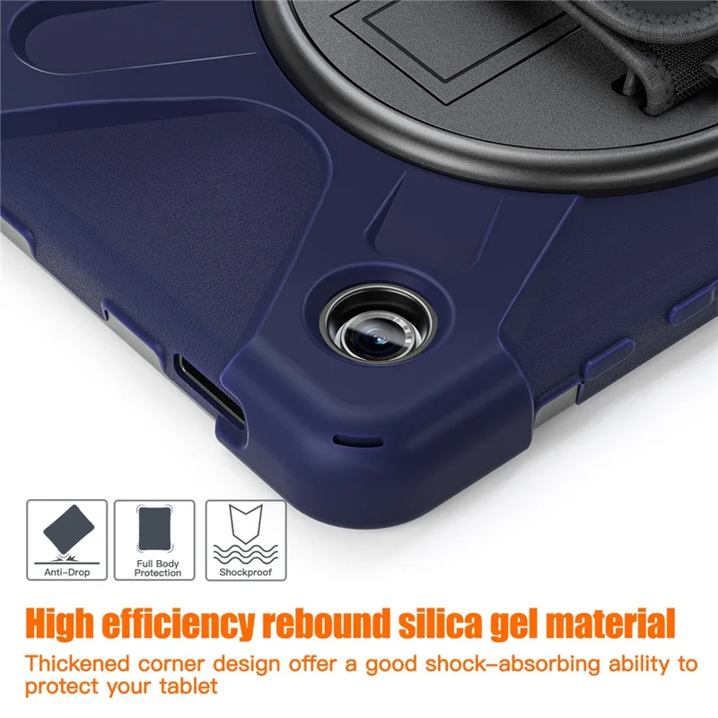 For Samsung Galaxy Tab A9 Case Rotary Kickstand PC+Silicone Hand Strap Tablet Cover - Navy Blue