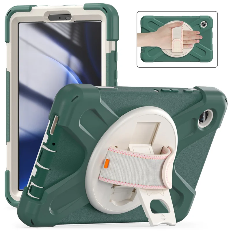 Para Galaxy Tab A9 da Samsung, Capa Rotativa com Suporte para Tablet, PC + Silicone com Alça de Mão - Verde Esmeralda