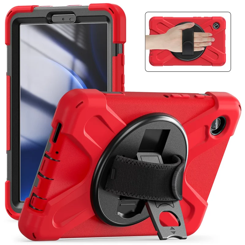 Para Samsung Galaxy Tab A9 Caixa Rotativa com Suporte Kickstand PC + Capa de Silicone com Alça - Vermelho