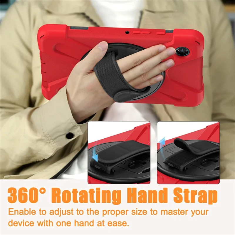 Para Samsung Galaxy Tab A9 Caixa Rotativa com Suporte Kickstand PC + Capa de Silicone com Alça - Vermelho