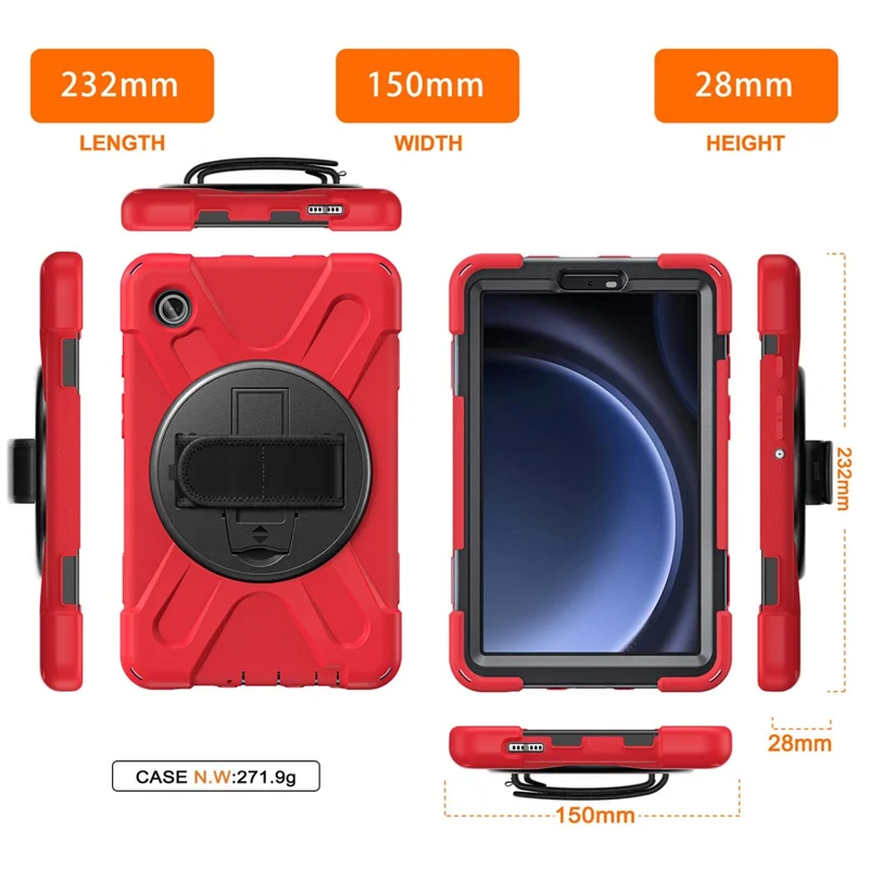 Para Samsung Galaxy Tab A9 Caixa Rotativa com Suporte Kickstand PC + Capa de Silicone com Alça - Vermelho