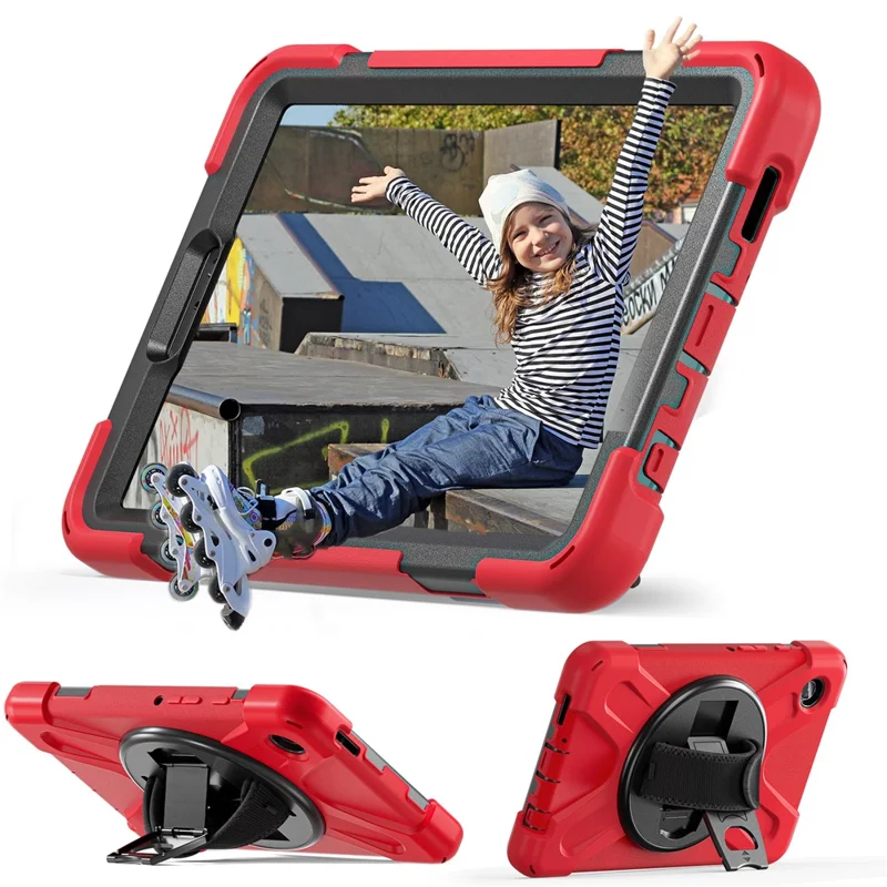 Para Samsung Galaxy Tab A9 Caixa Rotativa com Suporte Kickstand PC + Capa de Silicone com Alça - Vermelho