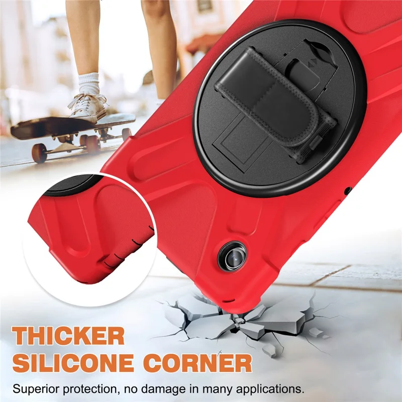 Para Samsung Galaxy Tab A9 Caixa Rotativa com Suporte Kickstand PC + Capa de Silicone com Alça - Vermelho