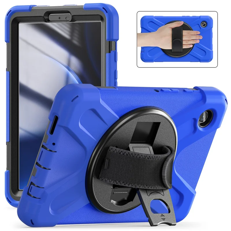 For Samsung Galaxy Tab A9 Case Rotary Kickstand PC+Silicone Hand Strap Tablet Cover - Blue