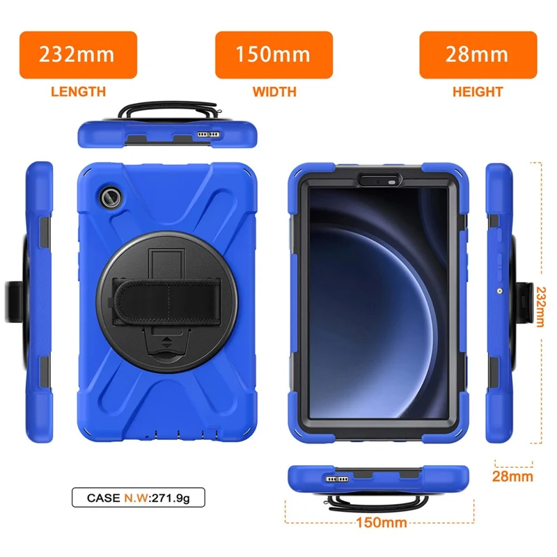 For Samsung Galaxy Tab A9 Case Rotary Kickstand PC+Silicone Hand Strap Tablet Cover - Blue