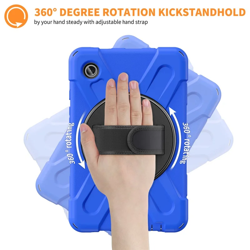 For Samsung Galaxy Tab A9 Case Rotary Kickstand PC+Silicone Hand Strap Tablet Cover - Blue