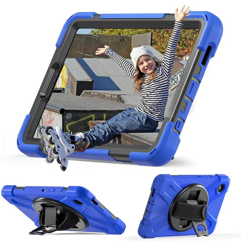 For Samsung Galaxy Tab A9 Case Rotary Kickstand PC+Silicone Hand Strap Tablet Cover - Blue