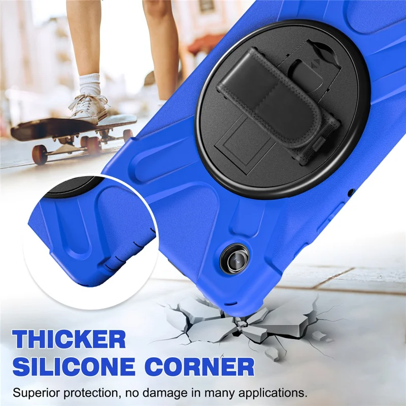 For Samsung Galaxy Tab A9 Case Rotary Kickstand PC+Silicone Hand Strap Tablet Cover - Blue