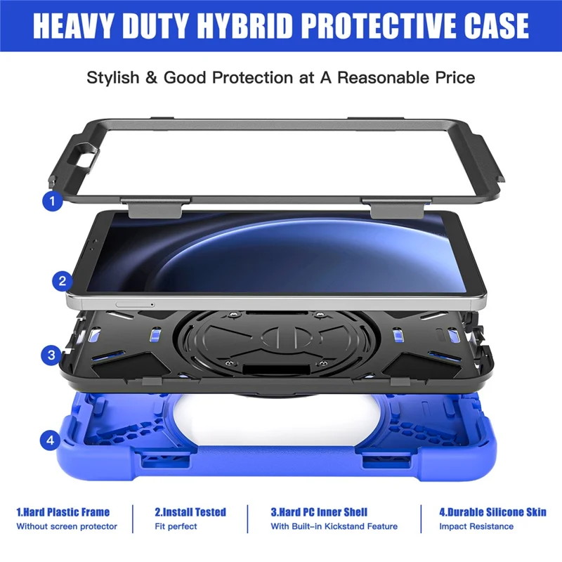 For Samsung Galaxy Tab A9 Case Rotary Kickstand PC+Silicone Hand Strap Tablet Cover - Blue