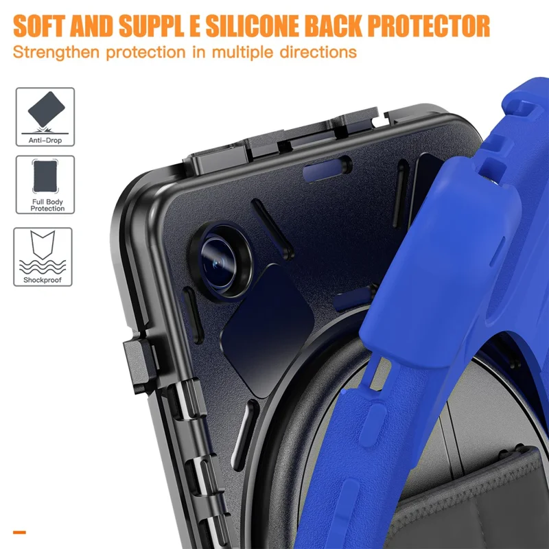 For Samsung Galaxy Tab A9 Case Rotary Kickstand PC+Silicone Hand Strap Tablet Cover - Blue