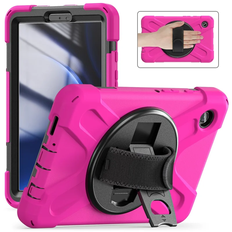 For Samsung Galaxy Tab A9 Case Rotary Kickstand PC+Silicone Hand Strap Tablet Cover - Rose