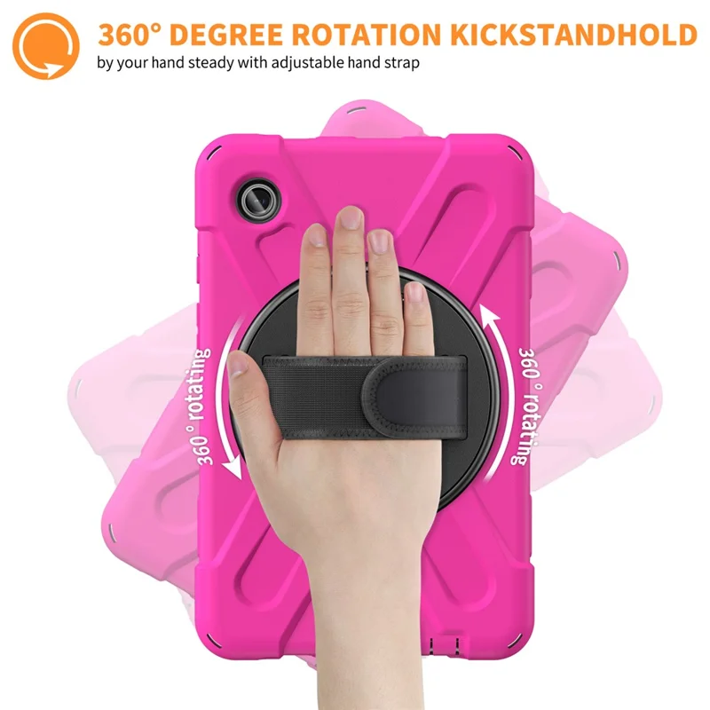 For Samsung Galaxy Tab A9 Case Rotary Kickstand PC+Silicone Hand Strap Tablet Cover - Rose