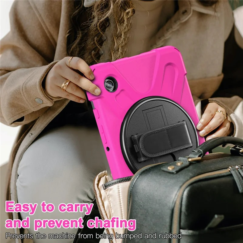 For Samsung Galaxy Tab A9 Case Rotary Kickstand PC+Silicone Hand Strap Tablet Cover - Rose