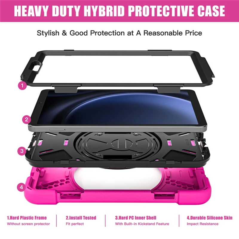 For Samsung Galaxy Tab A9 Case Rotary Kickstand PC+Silicone Hand Strap Tablet Cover - Rose