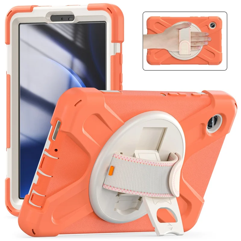 For Samsung Galaxy Tab A9 Case Rotary Kickstand PC+Silicone Hand Strap Tablet Cover - Orange