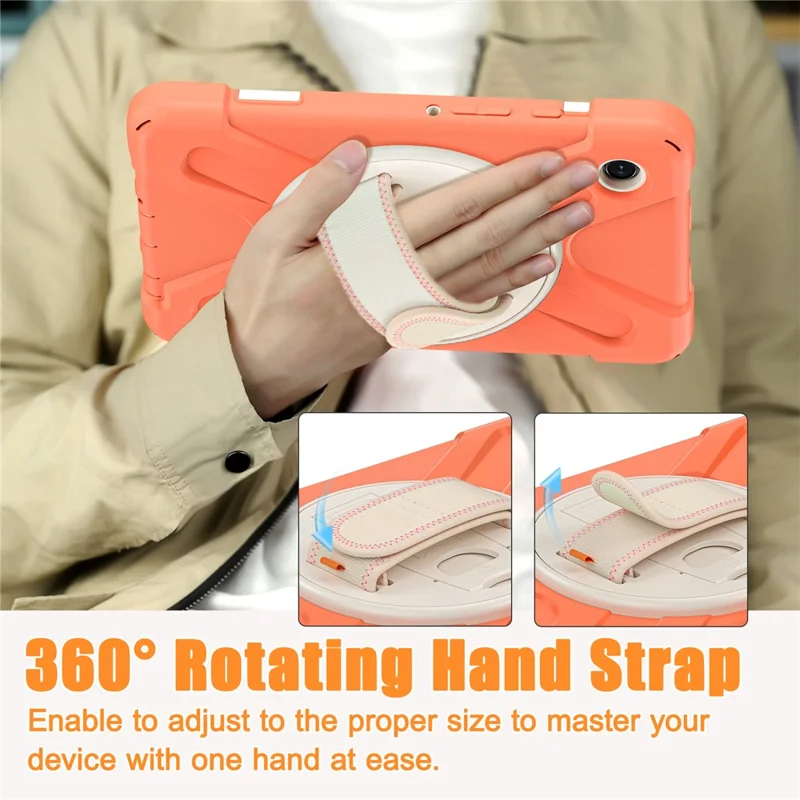 For Samsung Galaxy Tab A9 Case Rotary Kickstand PC+Silicone Hand Strap Tablet Cover - Orange
